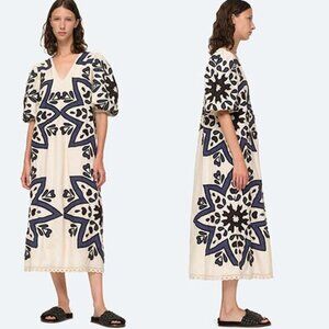 NWT Sea Kaia Kaleidoscope-Appliqué Puff Sleeve Midi Dress White Size: Small